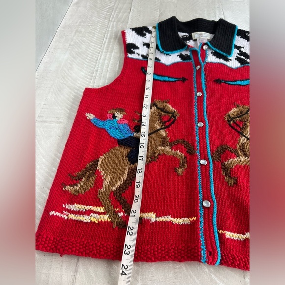Vintage NWT Deadstock Hand Knit Western Sweater Vest Red Rodeo Horse Womens L - Picture 4 of 8